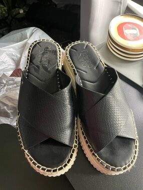 Franco Sarto Black Crisscross Espadrille Mule with Natural Rope Sole